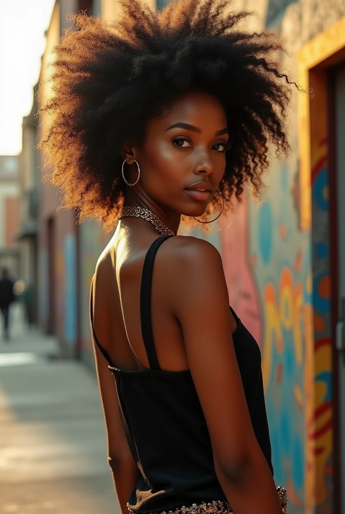 (photorealism:1.2), beautiful African American black woman, wearing black and gold Summer clothes. Show her from the waste up in a model photoshoot style. Urban style with a hip hop and RnB vibe about her.  