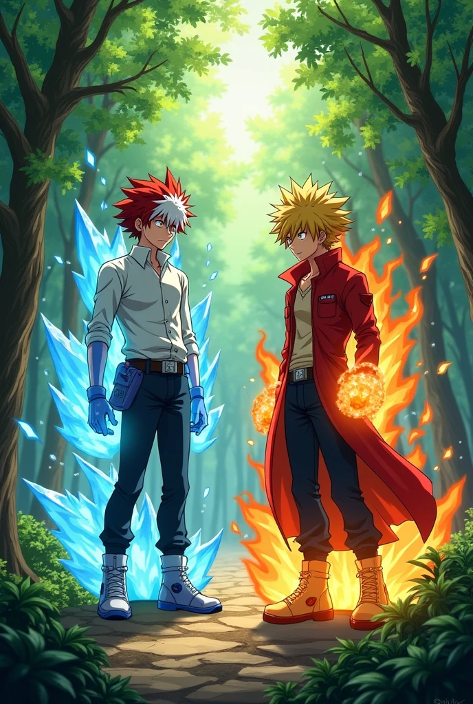 from my hero academia, Todoroki and Bakugo posing in a forest