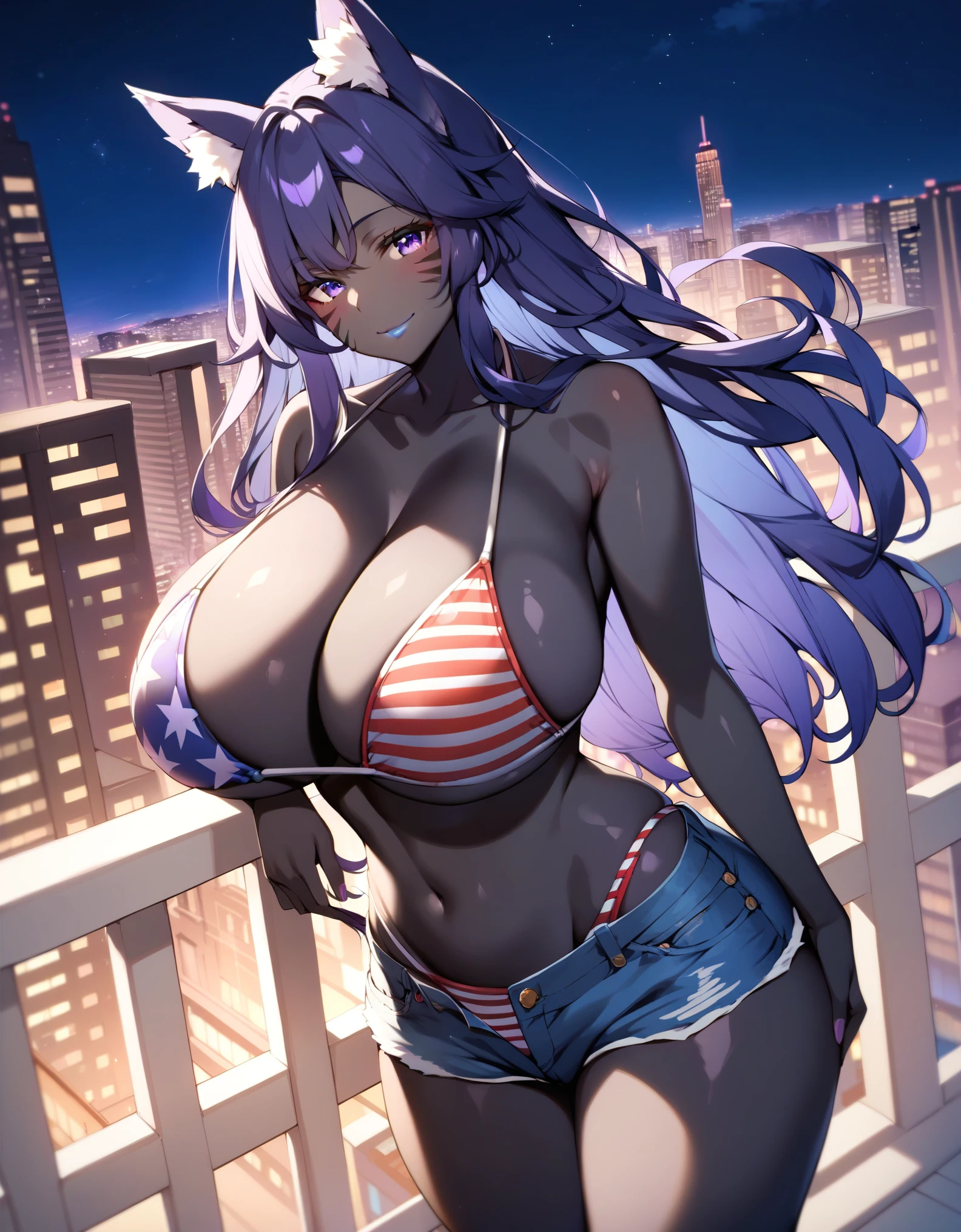 masterpiece, source_anime, best quality, extremely detailed, 1girl, milf, solo, (colored skin, black skin:1.8), (huge breasts:1.1), delta, ((((purple hair), long hair, purple eyes, facial mark, wolf ears))), blue lips, (((american flag print bikini, denim shorts))), ((seductive smile), closed mouth), ((balcony, cityscape, night))