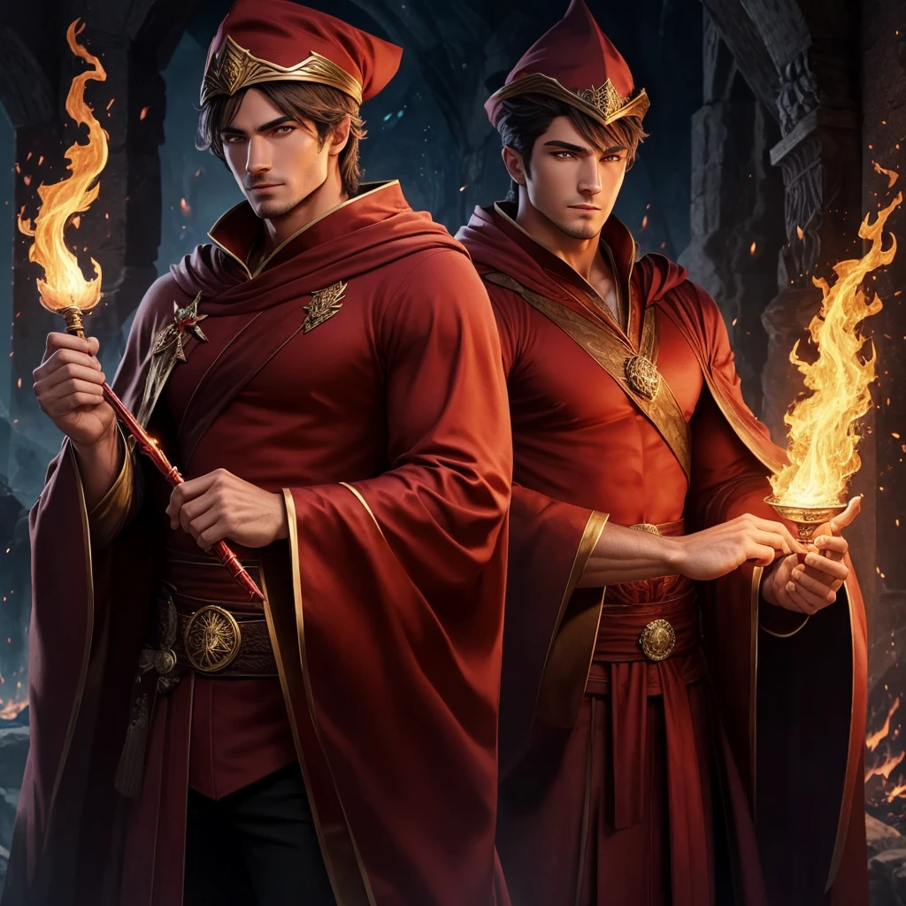 A muscular handsome wizard, extremely detailed face, perfect face, short hairstyle, looking at viewer romantically, fiery red robe, black pants, ruby crystal wand in hand, sexy look, wizard hat, smooth skin, fire magic,