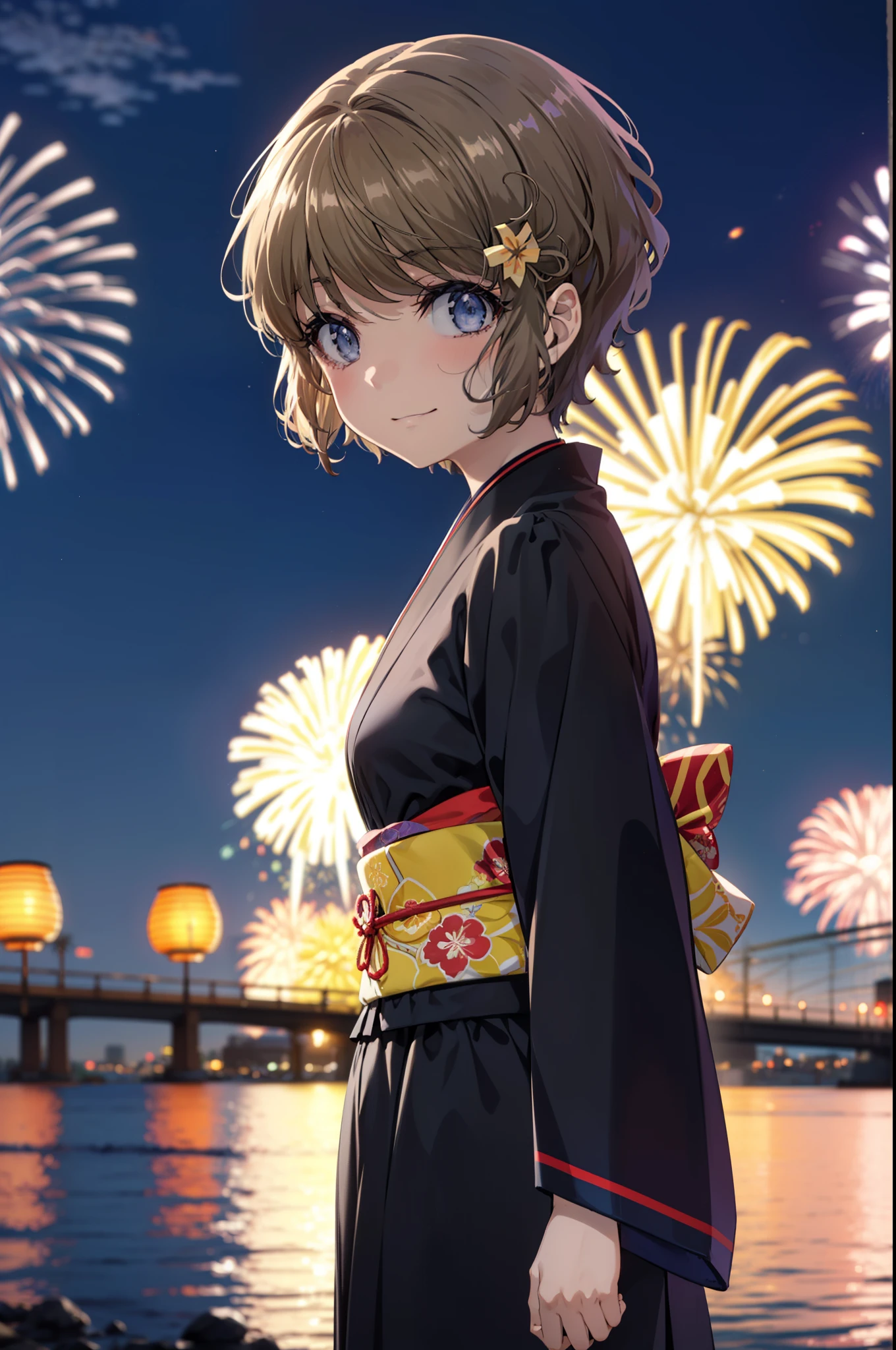 tomoekoga, Chie Koga, short hair, Brown Hair, blue eyes, Flower Hair Ornaments,smile,black kimono,日本のFestivalり,夏Festivalりの屋台,Red lantern,Fireworks in the night sky,Fireworks、The place is a fireworks display,Time is night,sunny day,turn around,whole bodyがイラストに入るように
break outdoors,Festival ,
break looking at viewer, whole body,(Cowboy Shot:1.5),
break (masterpiece:1.2), Highest quality, High resolution, unity 8k wallpaper, (figure:0.8), (Beautiful attention to detail:1.6), Highly detailed face, Perfect lighting, Highly detailed CG, (Perfect hands, Perfect ???????),