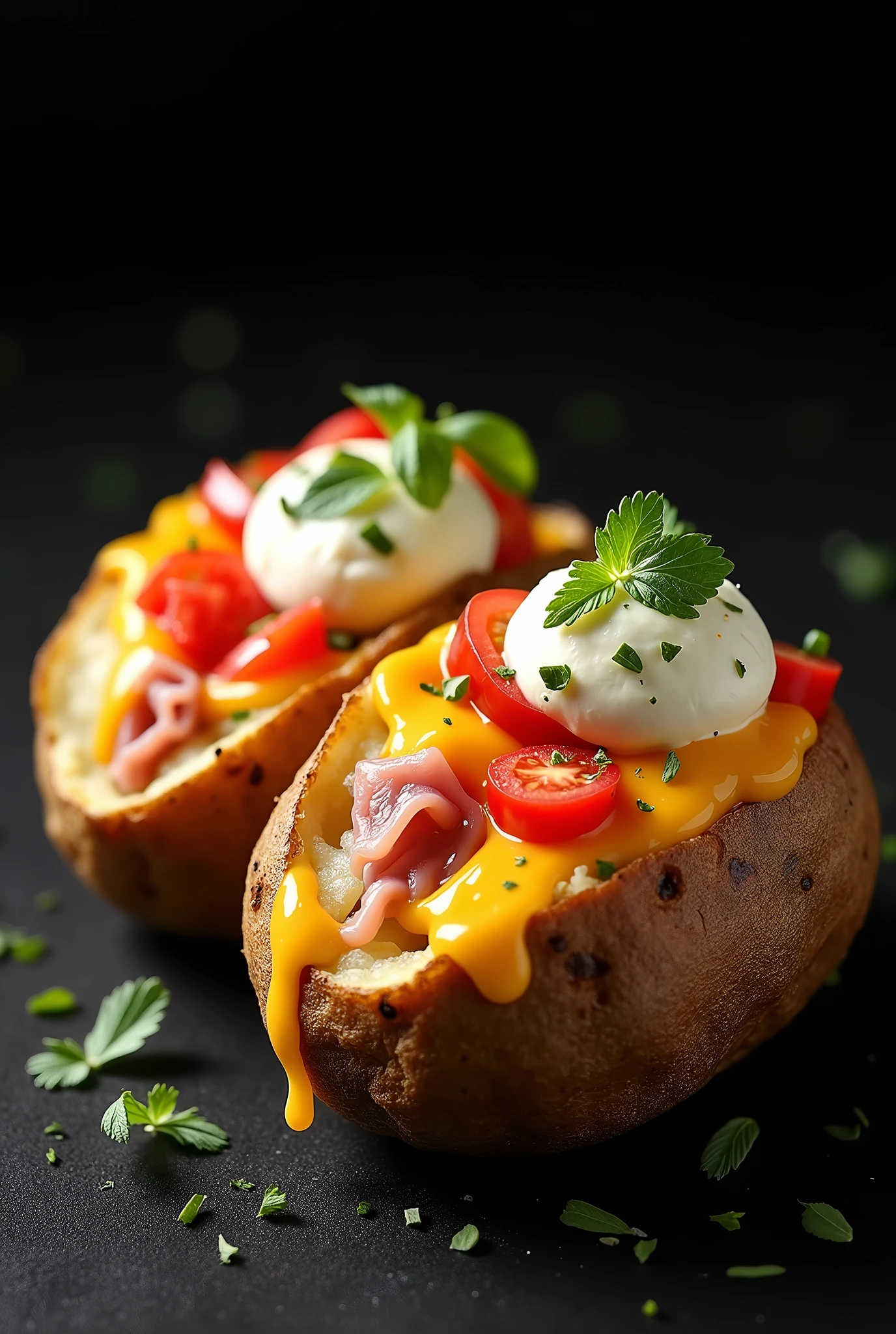 Create a realistic image of a stuffed potato on a black background. The potato should be cut in half and stuffed with melted mozzarella cheese, ham, and for pairing cream cheese and cheddar, chopped tomatoes and oregano. The image should highlight the complete and appetizing meal, with a focus on the juiciness of the potato and. Use soft lighting to highlight the textures and shine of the ingredients without causing unwanted reflections.
Focus: Make sure the potato and the main ingredients are in focus and with sharp details.
Presentation: Make sure the potato looks fresh and juicy, with a presentation that catches the eye and arouses the desire to eat.