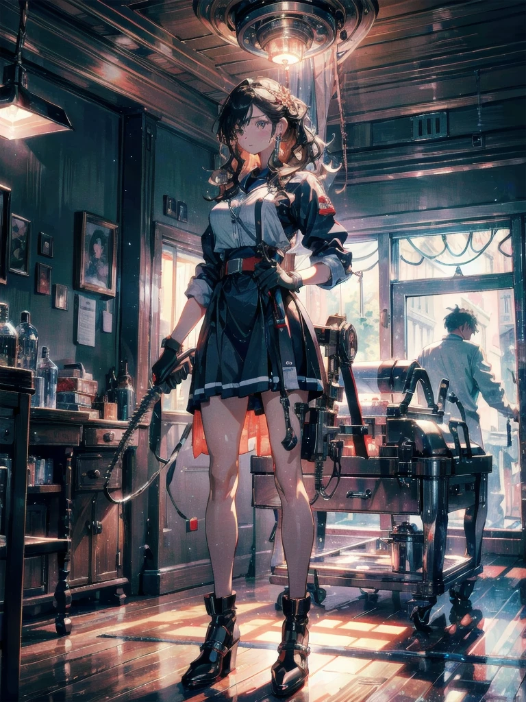 absurdres, RAW photo, extremely delicate and beautiful, masterpiece, Best Quality, ultra high resolution, 32k, hyper realistic, ultra-detailed, Very detailed CG 8k wallpaper, detailed background, landscape, Beautiful Lighting, Perfect Lightning, Realistic Shadows, perfect anatomy, anatomically correct, ideal ratio body proportions, perfect figure, Perfect Style, Perfect balance, super Detailed skin, in her 30s, very Slim body, narrow waist, very small head, very small face, delicate facial features, handsome detailed woman, very detailed eyes and face, realistic face proportions, Realistic beautiful face, Realistic beautiful eyes, tearful mole, earring, whole body shot, whole legs, very huge round tits, medium hair, asymmetrical hair, wavy hair, indoor, hospital, nurse uniform, holding electric chainsaw,