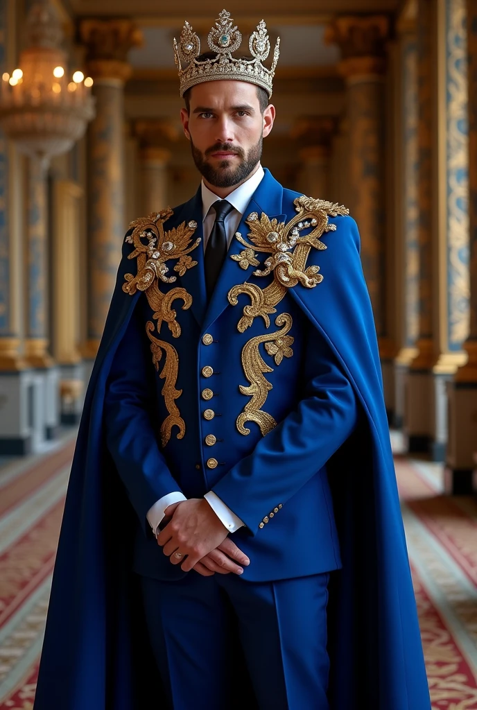 deep blue colored suit, royal blue suit, delicately embroidered with gold threads, that harmonize perfectly with the crown and the cape on top.