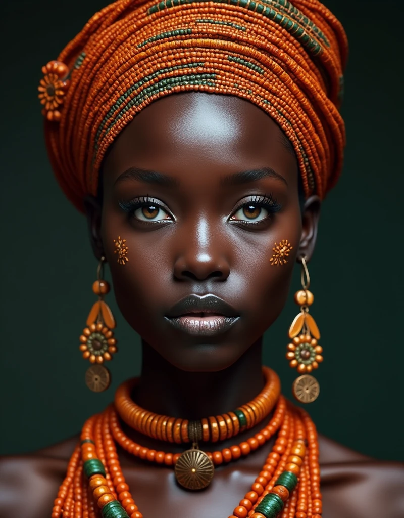 , stunning african princess, afrofuturism style, african princess, black african princess, afrofuturism, african queen, stunning portrait, 16k artistic portrait photography, afrofuturistic, anthropological photography, afrofuturist, futuristic himba teenage girl, beautiful portrait, beautiful futuristic himba woman, tribal makeup, fierce eyes
