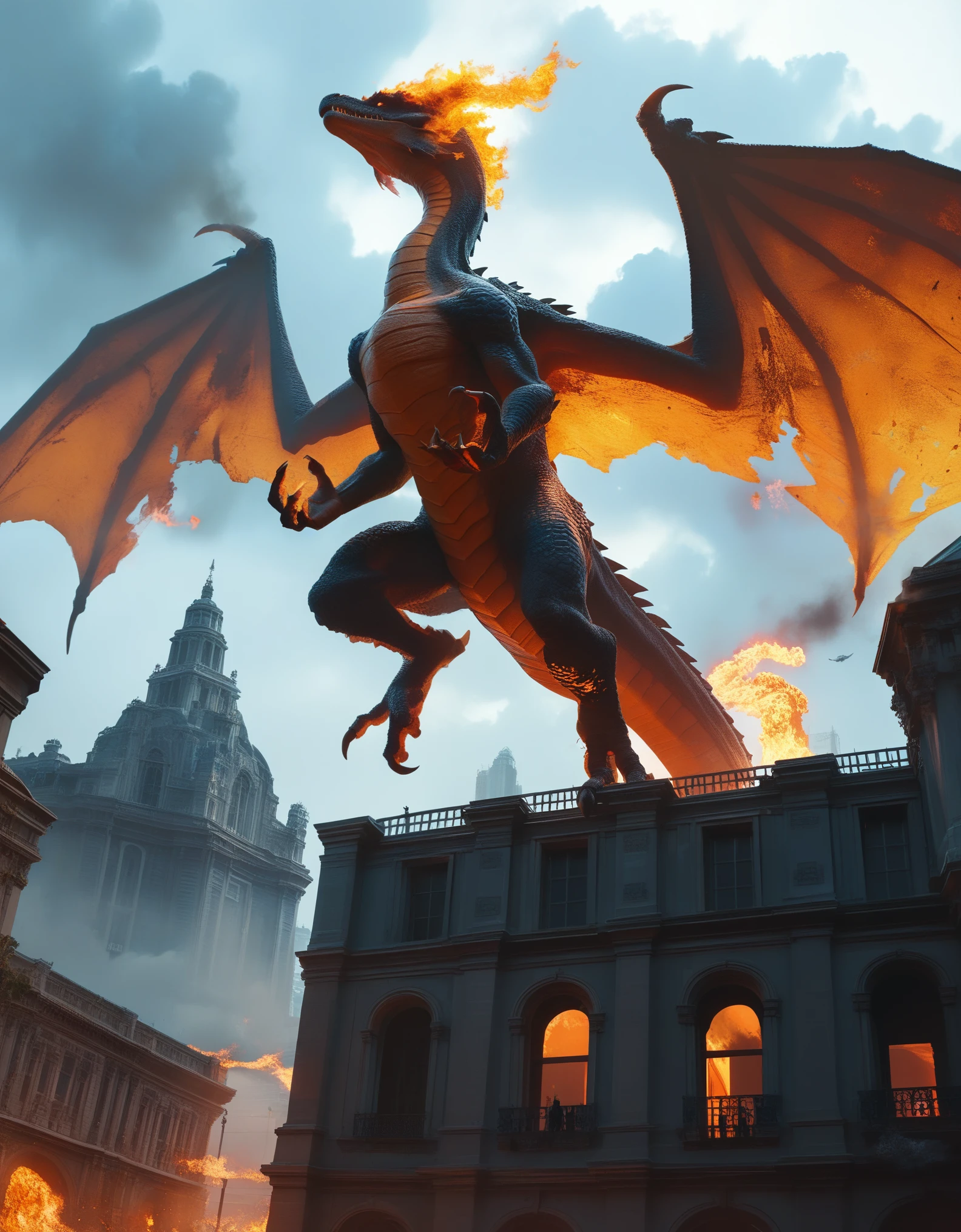 Dramatic fantasy scene featuring a large, menacing dragon with dark, scaly skin and massive, outstretched wings. The dragon is flying over a burning city, with flames and smoke rising from the buildings below. The background is dominated by a dark, cloudy sky with a bright, fiery glow near the horizon, suggesting a setting sun or intense fire. The cityscape includes gothic-style architecture with tall spires and intricate details. The overall color palette is dark and ominous, with deep reds, oranges, and blacks creating a sense of destruction and chaos. super detail, high details, highres, 4K
