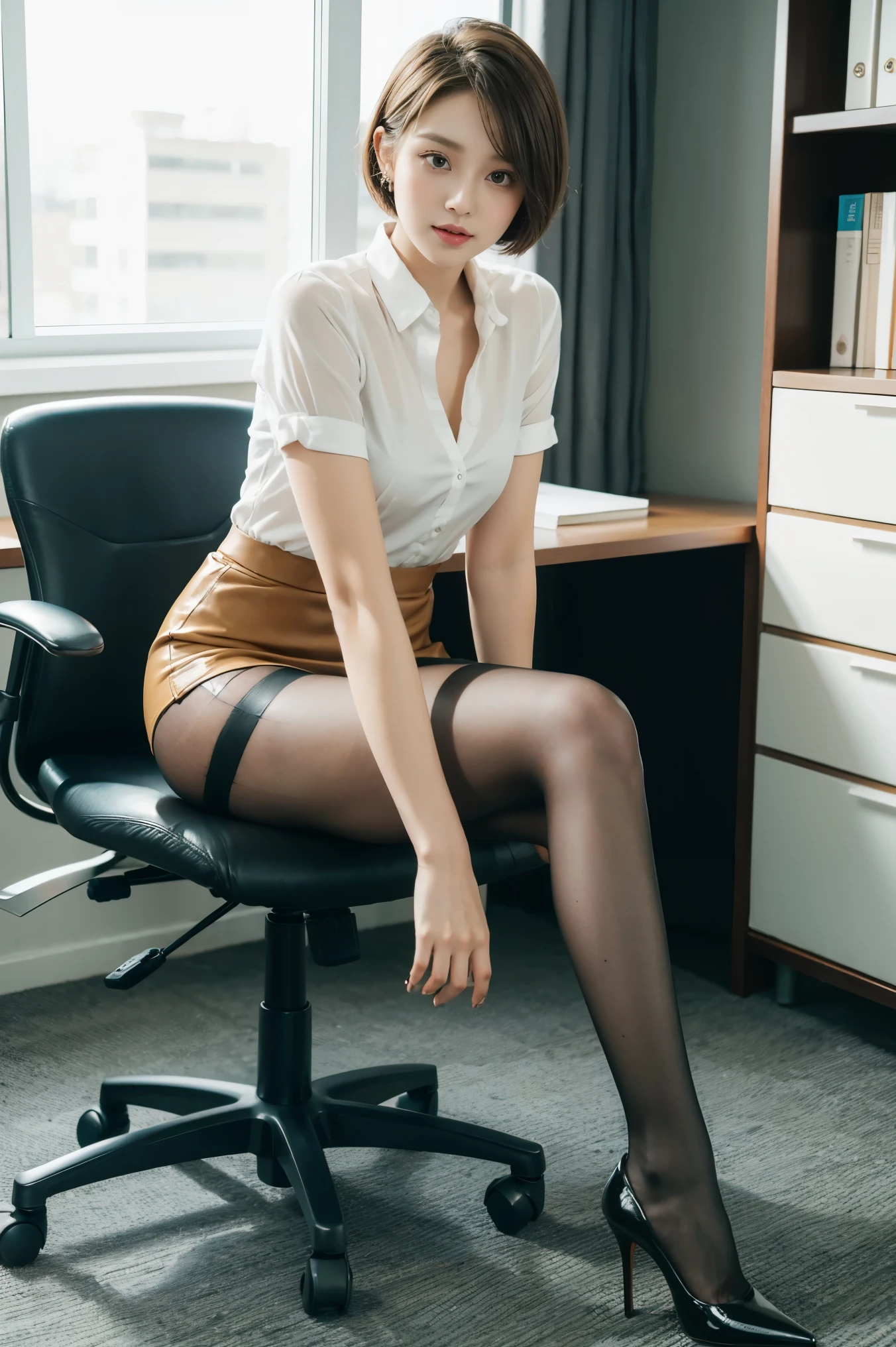 office、Beauty sitting on a chair、short hair、Beautiful legs、High heels、Brown pantyhose、Mini skirt suit