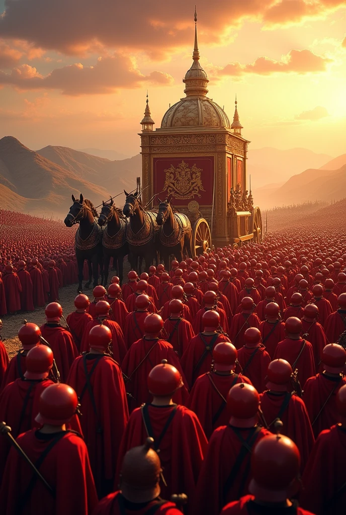 Chariot in the middle of an army of 4.000 thousand soldiers with red armor
