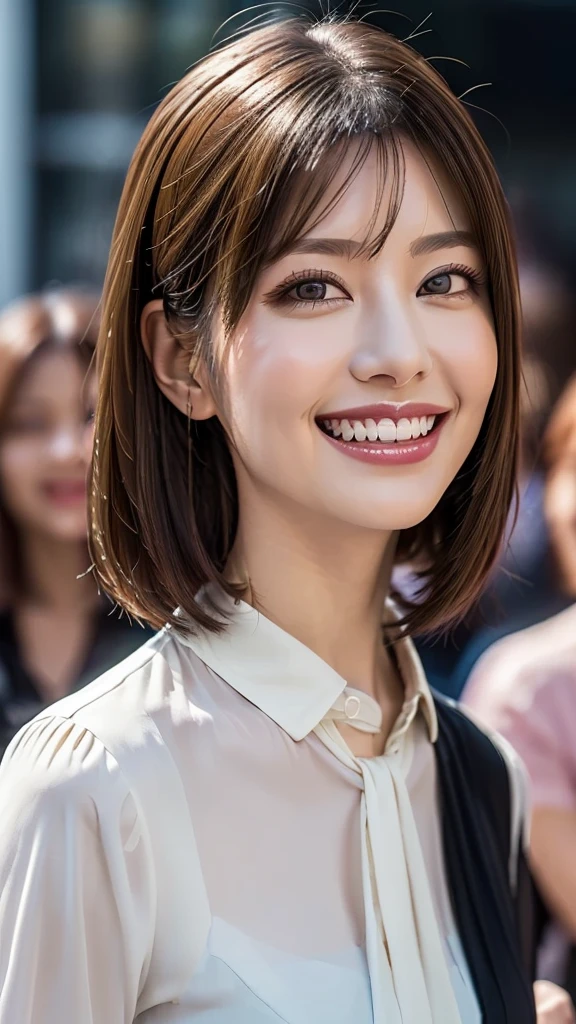 ((masterpiece)), ((Highest quality)), ((Complex)), ((Surreal)), (Realistic), (Mature Woman), ((There are no classes)), Very detailed, (1 female), Beautiful and exquisite, (Beautiful Teeth), Grin, Brunette bob hair, Brown eyes, ((blouse)), (Upper Body), (background:none), Perfect Eyes, Captivating eyes, Looking at the audience