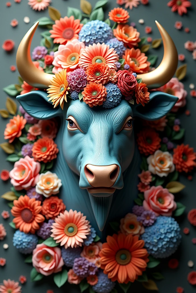 realism, of a bust of a mystical bull with its head surrounded by flowers composed of roses, gerberras, Hydrangeas and sunflowers and calla lilies
More dense with flowers
