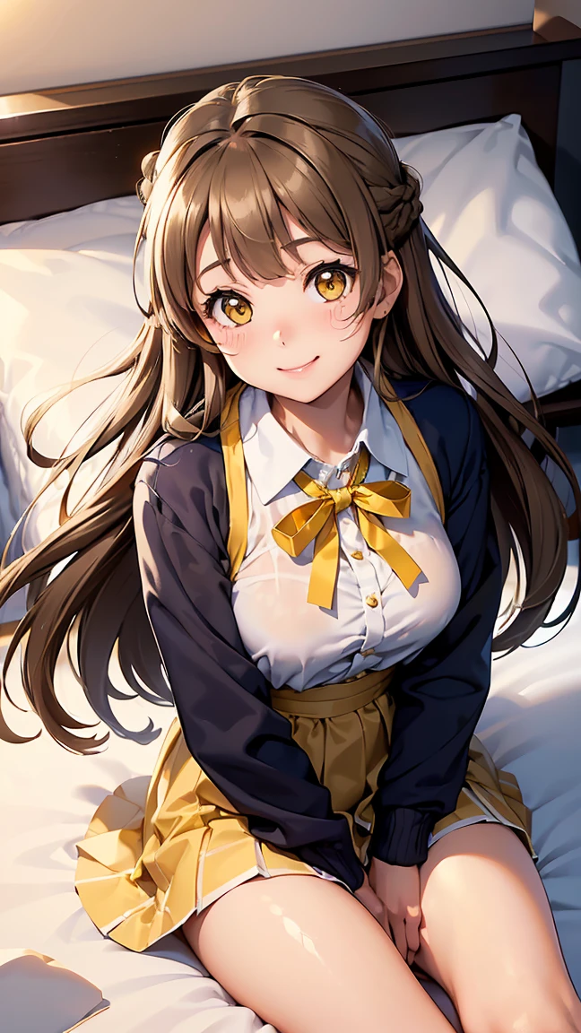 kotori minami, long hair,(((white brown hair:1.5))), (yellow eyes:1.3), hair bow, one side up, skirt, school uniform, jacket, blazer, winter uniform, otonokizaka school uniform, -- ((Top view 1.3))),((Top view of lying down 1.3))), ((Lying on bed with legs spread wide))), (Wet genitals 1.2), (((Best smile 1.3))), (((Lying on back 1.3))), ((Lying on bed 1.3))), (Cute expression), ((Blushing and shy expression 1.3)), kanon shibuya, long hair, bangs, (purple eyes:1.1), orange hair, hair between eyes,shirt, dress, ribbon, school uniform, jacket, white shirt, open clothes, collared shirt, open jacket, red ribbon, neck ribbon, blue jacket, pinafore dress, grey dress, yuigaoka school uniform,---(8K, Raw, Highest quality, Real 1.2), Ultra High Quality, High Resolution, Top Quality, Perfect Face, Perfect Limbs, Perfect Fingers, High Resolution, (Beautiful Anime Face, Cute Face, Detailed Face), Joyful Smile, Smiling Expression, Lying on Bed, Cowboy Shot, Miniature Human Hands, (((medium Bust 1.3))), (((Thin Thighs 1.3))), Pure White Chalk Interior, Pure White Marble Interior, ((Pure White Bedroom Like Western Castle 1.5)), (((Luxurious Pure White Canopy Bed 1.4)), (((Chandelier 1.4))), ((Pure White Bed 1.5)), ((Beautifully Decorated Bedroom 1.5)), ((Modern Style Bedroom 1.5 )), perfect anatomy, perfect proportions, nice lighting, bright colors, clean lines, information, blurred, stunning facial expressions, restless emotions, gorgeous and cute, beautiful face and eyes with every detail, (masterpiece) beautiful face, young and handsome girl, really perfect skin, blurred, facial expressions, restless emotions, gorgeous and cute, beautiful face and eyes with every detail, (Audrey Hepburn), (cute), (J-POP idol), (thighs, (depth of field), (depth of field), soft light, sparkling lens gaze, (droopy eyes), straight teeth, shy smile, fluttering hair, a scene from Blake's movie,,