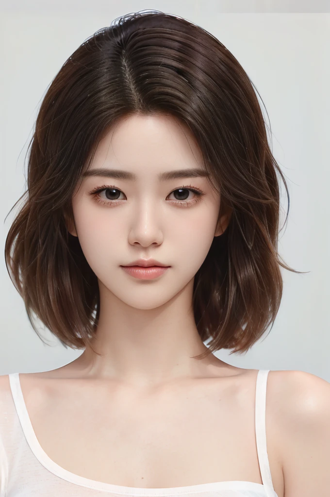 ID Photo of a female with short hair that has a super curl texture and is ombre in color. The hair is styled in a parted style, which gives it high volume volume. The overall look of the hair is wave. This style includes a undercut cut, adding more definition to the look. The portrait is upper body, realistic, with the subject looking directly at the viewer. They are wearing a white t-shirt, and the background is a pure white.
