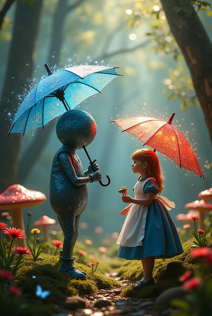 The Spin Up Electron points their umbrella upwards while the Spin Down Electron points their umbrella downwards and introduces themselves to Alice from Wonderland. 