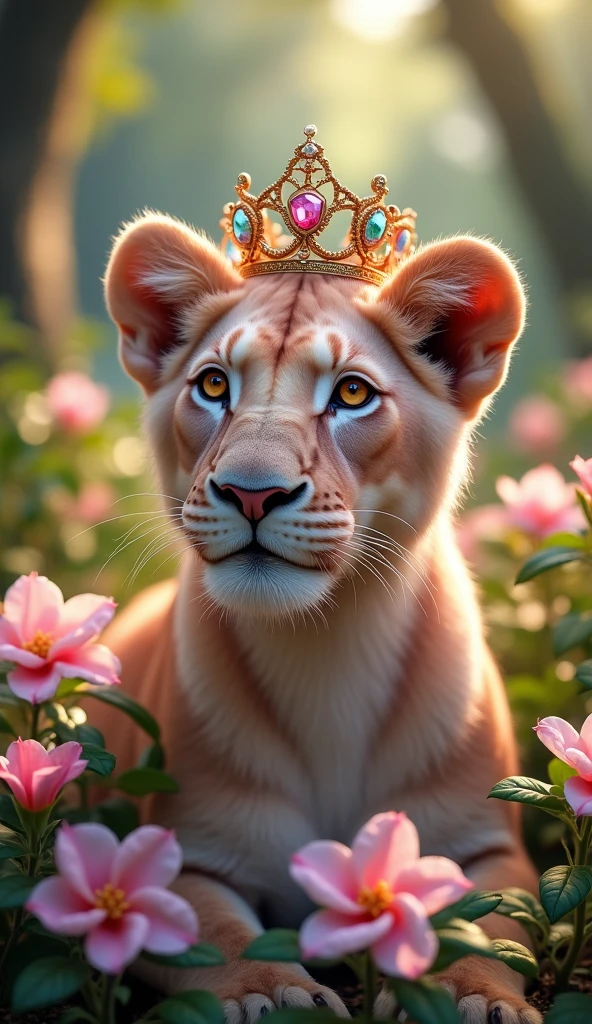 Beautiful and strong delicate feminine pink lioness with an ultra realistic 8k full hd queen crown, forest and pink and white flowers
