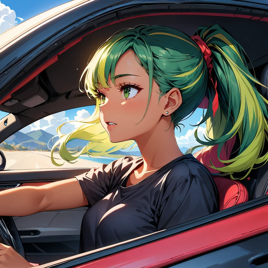 (highest quality:1.2, Very detailed, up to date, Vibrant, Ultra-high resolution, High Contrast, masterpiece:1.2, highest quality, Best aesthetics), super wide angle, Portraiture、girl、((25 years old:1.8)), (slim:1.2),Bright colors、Beautiful fine details、Beautiful lip detail、long hair, (ponytail:1.3), white and yellow green ((streaked hair:1.6)), highlights hair: 1.5, (small breast,:1) (tan skin:1.2), ((drive a car:1), sitting in the driver's seat), (convertible car:1), blue sky and white cloud, black t-shirt, jeans shorts, looking ahead, side view