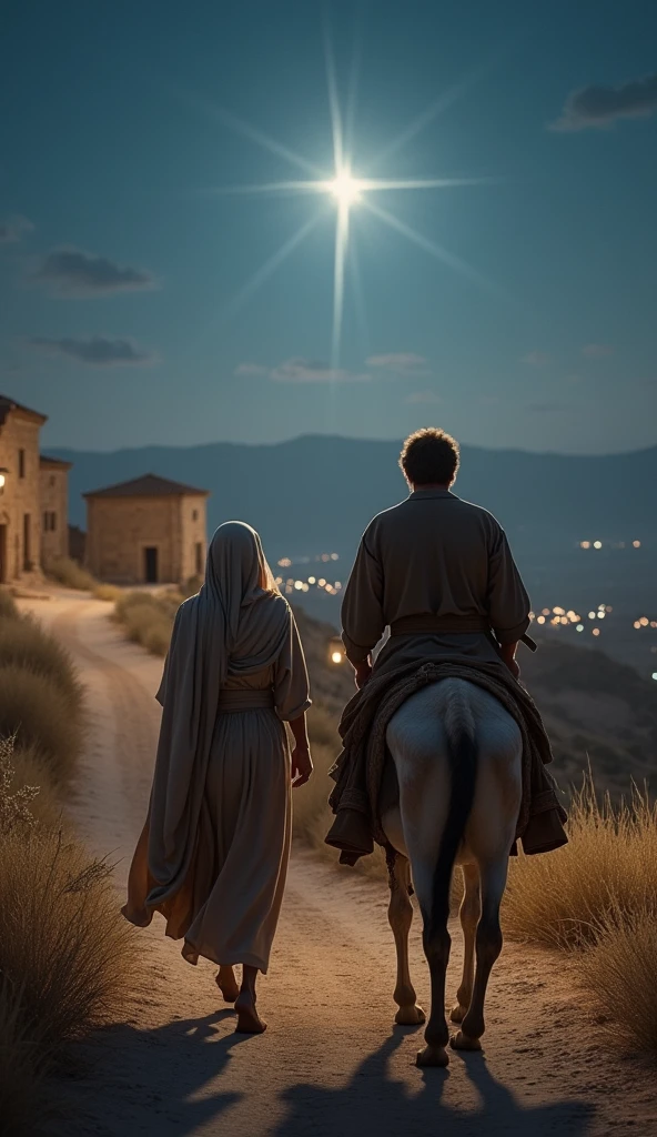 Ultra realistic 8K Image, "A serene scene of Mary, a woman, and Joseph traveling to Bethlehem. Mary is riding a donkey,, wearing a simple tunic, While Joseph,, dressed as a carpenter,, guides them along a dirt path,. Ao fundo, The city of Bethlehem is visible in the distance., with stone houses and soft lights beginning to glimmer.. in the sky, the Star of Bethlehem shines brightly,, indicating the birthplace of Jesus.. The atmosphere is calm and full of anticipation.."