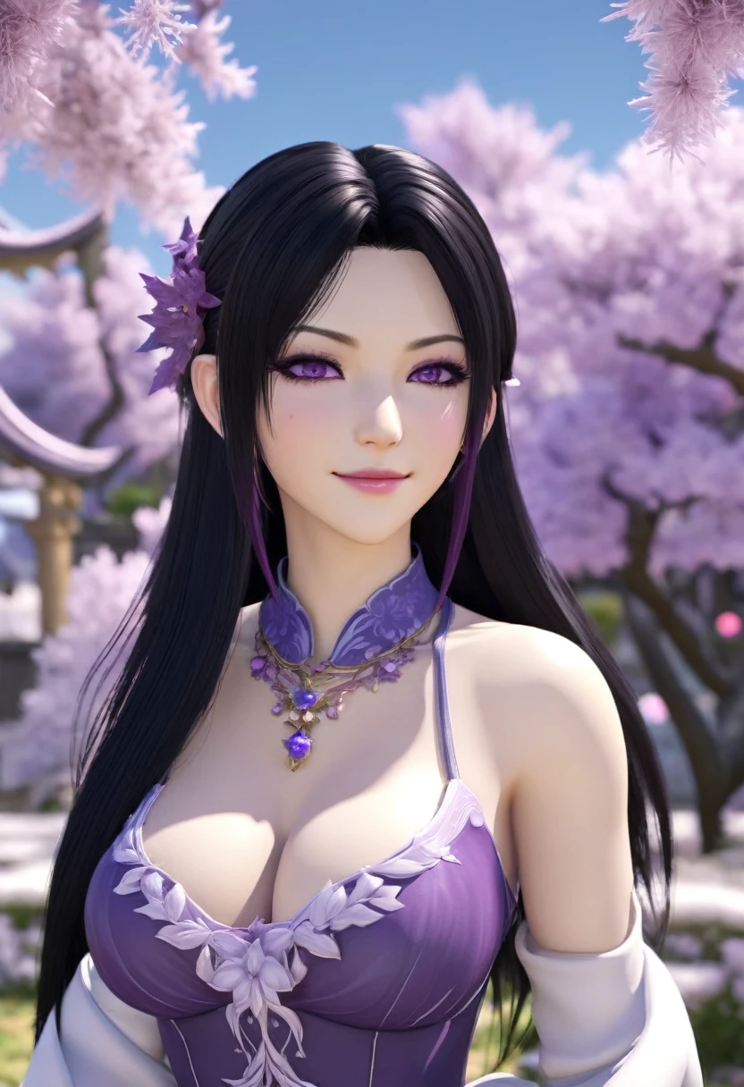  anime human woman. half-up long black hair. fair skin. glowing purple eyes. gigantic boobs. FFXIV clothes. snowflake necklace. softly smiling mauve lips. Realism style. 3D anime model style. CGI animation. FFXIV style. Floral Garden background.