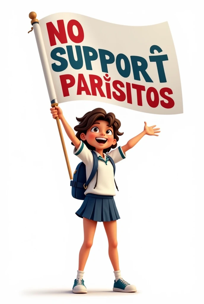White background with an animated student design ( half body) and raising a flag that says NO SUPPORT FOR PARASITES in Spanish