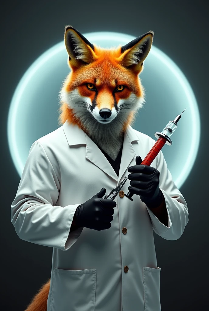 Create an image of a humanized scary fox dressed in a lab coat showing half of the body holding a pair of dental pliers in one hand and an anesthetic syringe in the other without a bottom inside a circle with a confident and menacing smile on its face