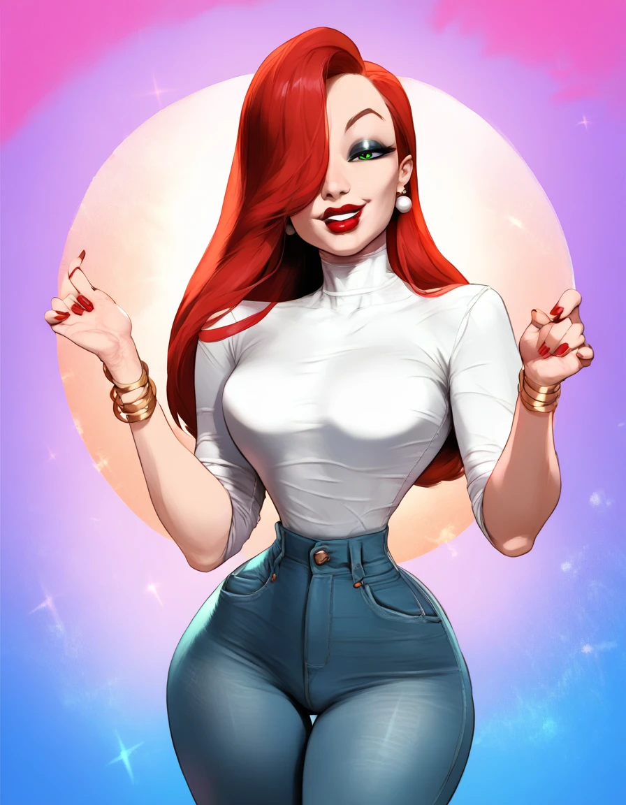 score_9, score_8_up, score_7_up, score_6_up, BREAK source_cartoon, 1girl, red hair, long hair, hair over one eye, green eyes, lipstick, makeup, earrings, BREAK ((wearing a white tshirt)), best quality, expressive eyes, (abstract background:1.5), abstract background, realistic, 1girl, solo. looking at viewer, smile, (big hips), hourglass body, happy, thigh gap, lips, red lips, lipstick, BREAK (jeans), parted lips,nail polish, ((narrow waist)), looking at viewer, thighs, Mixed_artstyle
