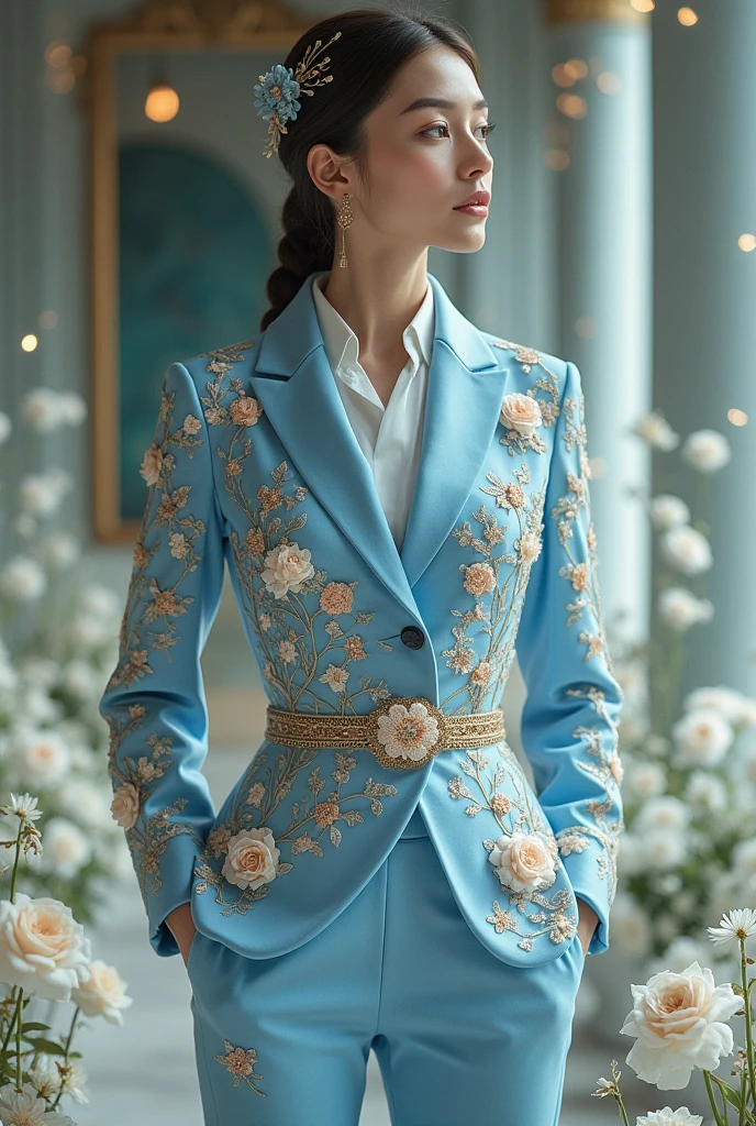 beautiful suit, of celestial blue, almost reaching white and also decorated with gold, flowers embroidered on the coat; tight pants, small threads that were born from the center of the belt to the back, forming loose rings