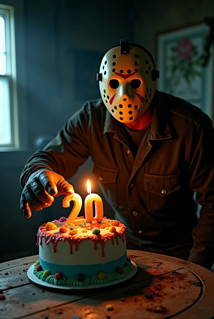 Jason Voorhees grabbing a birthday cake with a candle that has the number 20 on it.