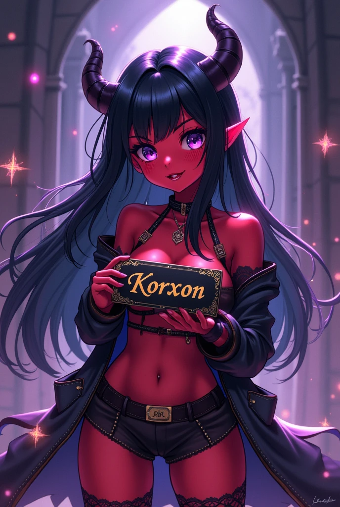 Anime style demon girl, holding a nameplate with the name Korxon