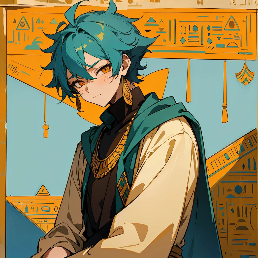 1 boy, Turquoise hair, orange eyes, Arabian style, handsome, 15 years old ???, orange eye liner, soft smile closing eyes, ((ancient Arabic clothes)), Arabian nights, ((Egyptian style))