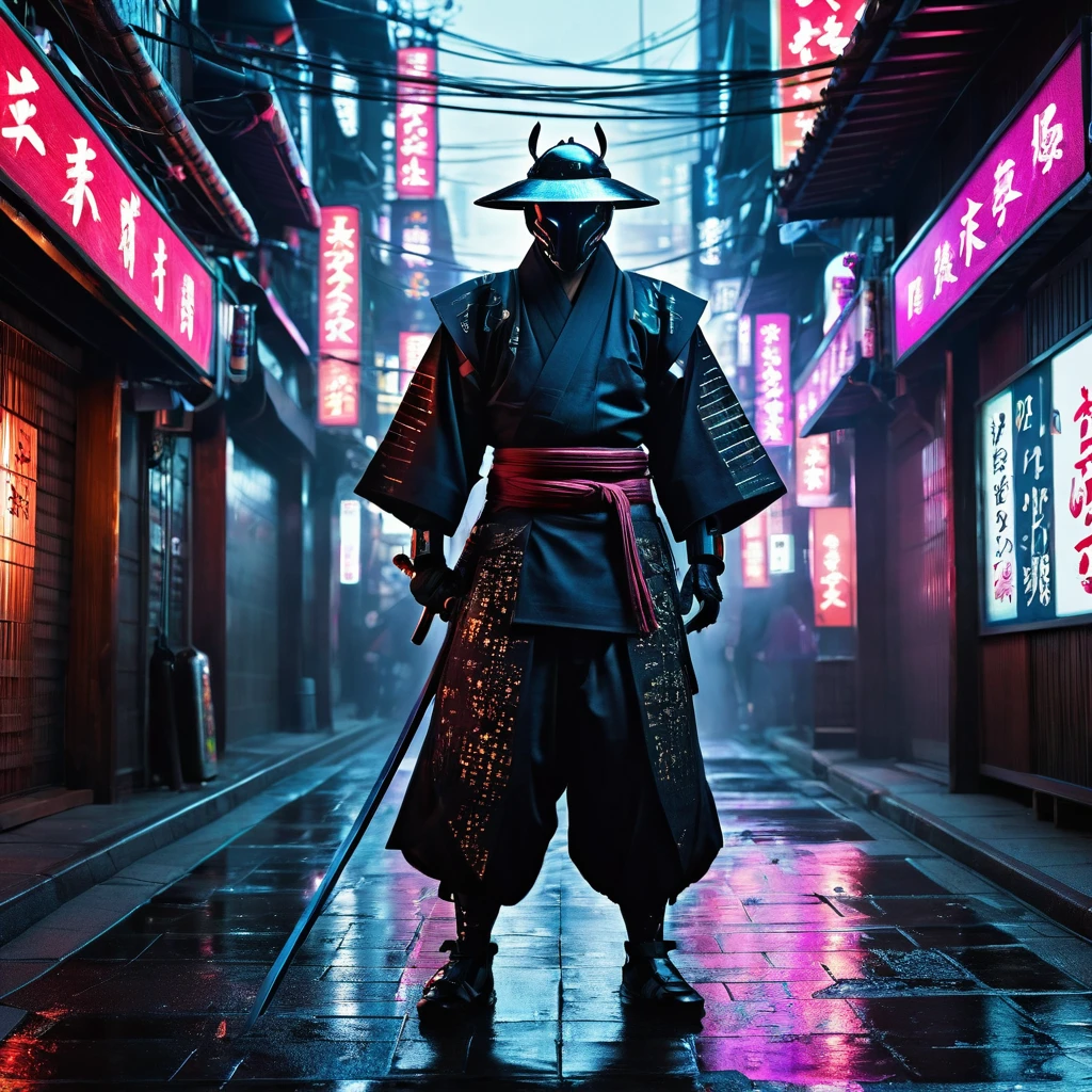 Ein Ronin, Augmented with cybernetic enhancements, wandering through the dark underbelly of a cybernetic Yakuza underworld. Clad in a blend of traditional Hakama pants and modern armor, They wield a plasma-infused katana, carving a path through neon-lit shadows. In the bustling streets, the voices of a digitized underworld echo, where honor and corruption collide in this cyber-enhanced feudal landscape , 