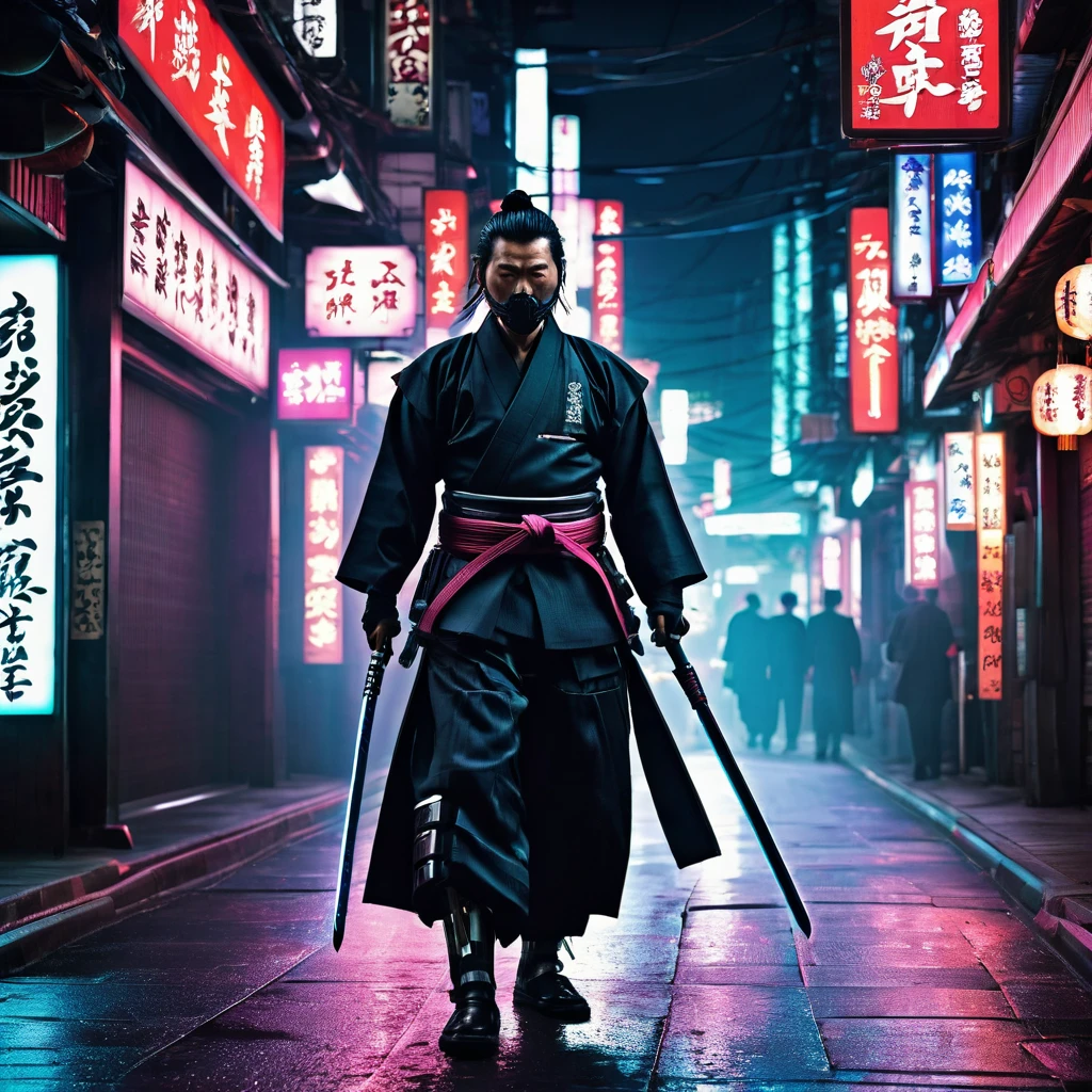 Ein Ronin, Augmented with cybernetic enhancements, wandering through the dark underbelly of a cybernetic Yakuza underworld. Clad in a blend of traditional Hakama pants and modern armor, They wield a plasma-infused katana, carving a path through neon-lit shadows. In the bustling streets, the voices of a digitized underworld echo, where honor and corruption collide in this cyber-enhanced feudal landscape ,