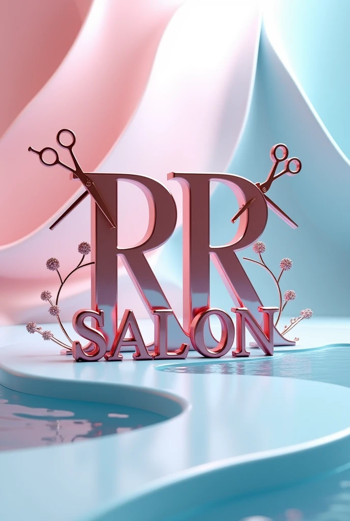 Create a 3D logo "RR SALON" with sink designs and scissor designs
