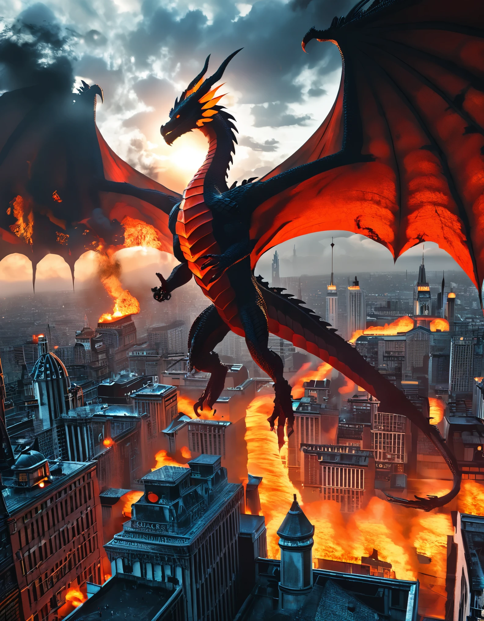 Dramatic fantasy scene featuring a large, menacing dragon with dark, scaly skin and massive, outstretched wings. The dragon is flying over a burning city, with flames and smoke rising from the buildings below. The background is dominated by a dark, cloudy sky with a bright, fiery glow near the horizon, suggesting a setting sun or intense fire. The cityscape includes gothic-style architecture with tall spires and intricate details. The overall color palette is dark and ominous, with deep reds, oranges, and blacks creating a sense of destruction and chaos. super detail, high details, highres, 4K