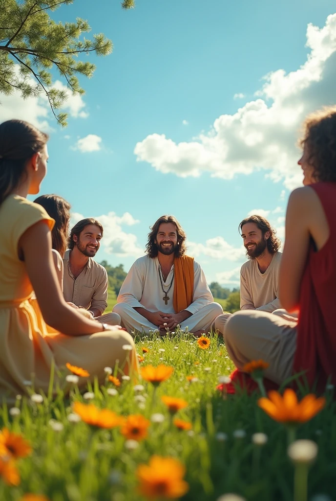 Jesus sitting in a circle with his disciples, in a serene and peaceful natural environment. The setting is a grassy field with scattered trees, wildflowers all around and a clear blue sky with some soft clouds. The sunlight is soft, radiating a feeling of warmth and tranquility. Jesus is smiling gently, with a calm countenance, while the disciples, sitting around you, are attentive and relaxed, in friendly postures. The scene exudes an aura of peace, spirituality and harmony with nature.
