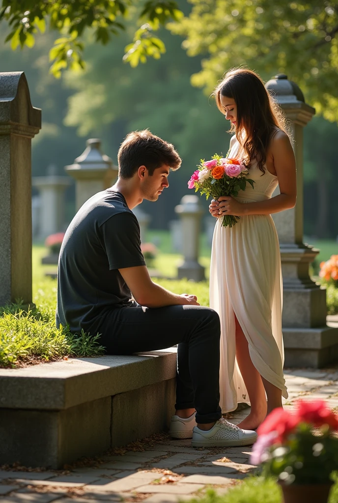 (photorealism:1.2), A young man in his twenties sitting in a cemetery in front of 2 graves, Next to him is his girlfriend standing with two bouquets of flowers 