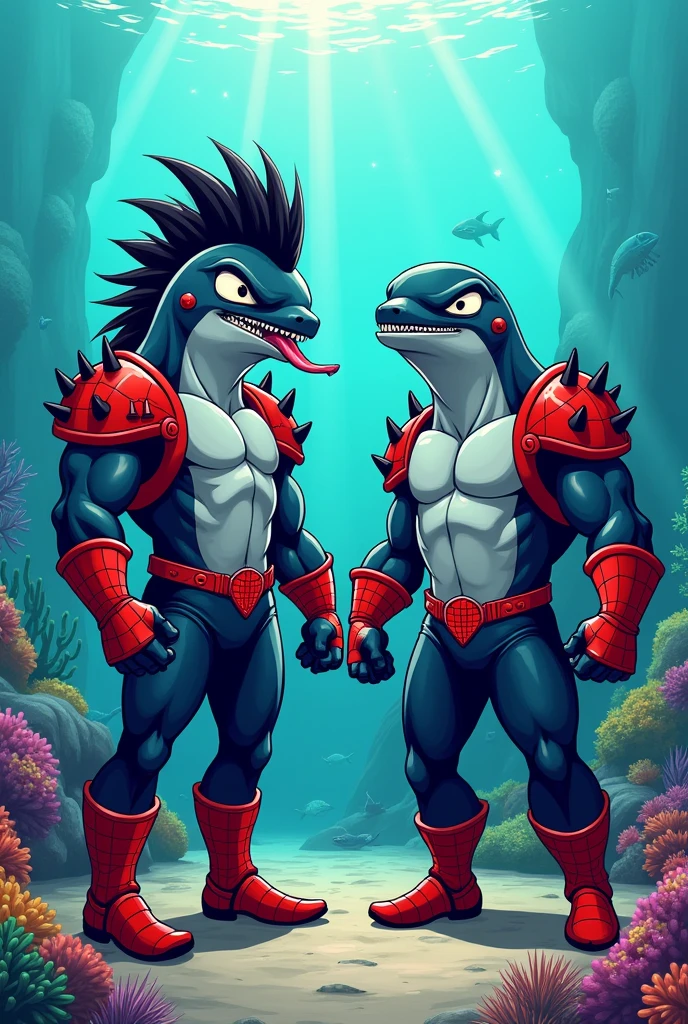 Two cartoon whales dressed like wrestling tag-team the legion of doom , sticking tongue out, wearing 🕸️ face paint, black pants, red boots, red shoulder pads with black spikes. One has a black Mohawk and the other has a flat top