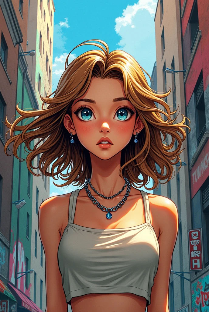 Girl, 17, with light brown hair and blue-grey eyes, pale complexion, in a comic book art style.