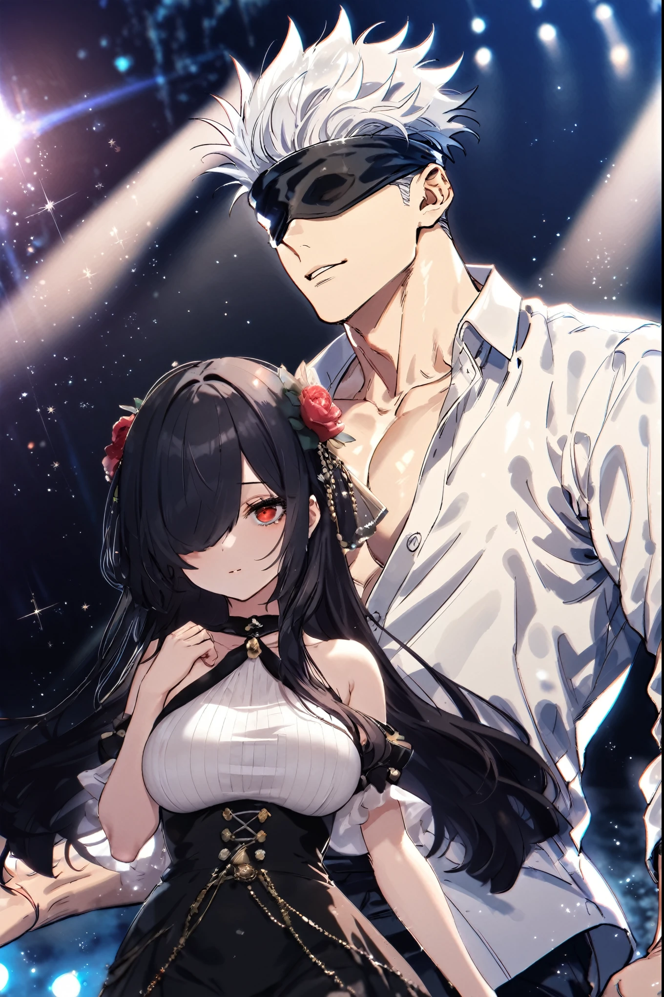 a beautiful woman together with a handsome man, couple, love, sensual, sexy, (beautiful girl, empty eyes, red eyes, straight hair, very long hair, hair over right eye, hair over one eye, black hair, big breasts, short, shy, black bikini), (handsome boy, Jujutsu Kaisen, Gojou Satoru, white hair, black blindfold, covered eyes, smile, white shirt), beach, summer, 8k, UHD, best quality, accurate, masterpiece, anatomically correct