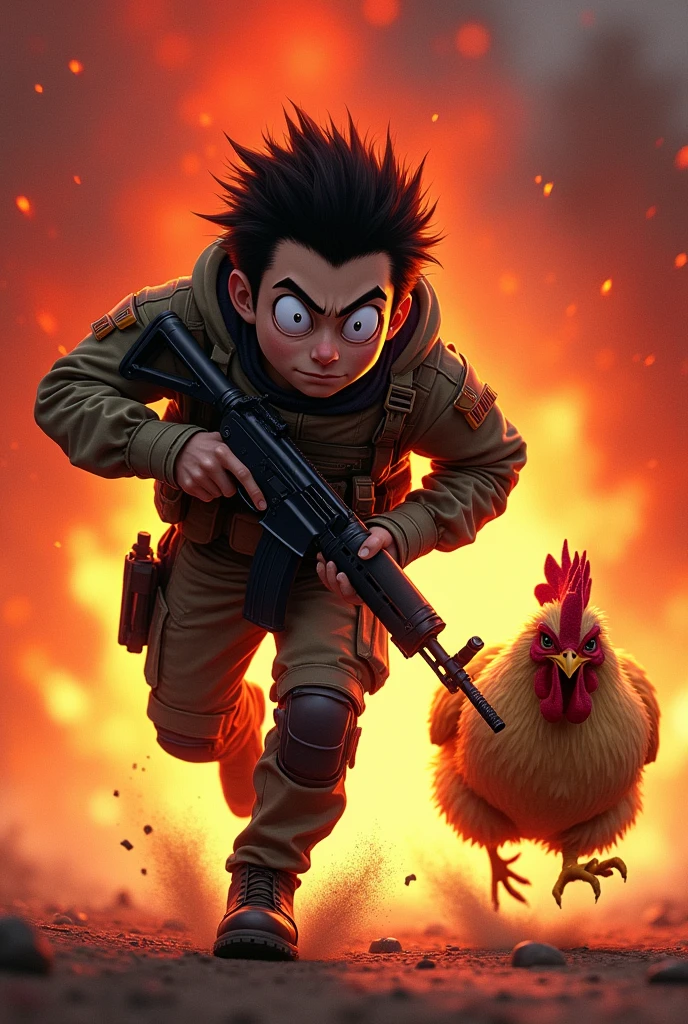 Create an image of a Counter Strike 2 terrorist with an anime face running after a chicken with a red background holding an AK47
