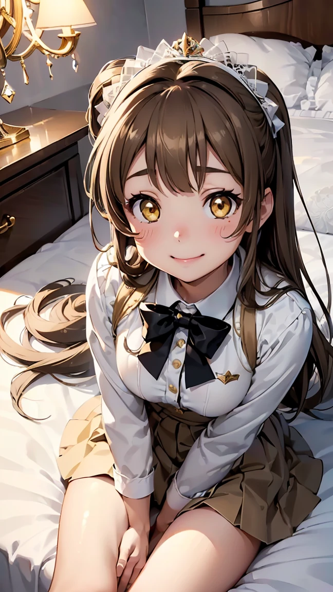 kotori minami, long hair,(((white brown hair:1.5))), (yellow eyes:1.3), hair bow, one side up, skirt, school uniform, jacket, blazer, winter uniform, otonokizaka school uniform, -- ((Top view 1.3))),((Top view of lying down 1.3))), ((Lying on bed with legs spread wide))), (Wet genitals 1.2), (((Best smile 1.3))), (((Lying on back 1.3))), ((Lying on bed 1.3))), (Cute expression), ((Blushing and shy expression 1.3)), --(8K, Raw, Highest quality, Real 1.2), Ultra High Quality, High Resolution, Top Quality, Perfect Face, Perfect Limbs, Perfect Fingers, High Resolution, (Beautiful Anime Face, Cute Face, Detailed Face), Joyful Smile, Smiling Expression, Lying on Bed, Cowboy Shot, Miniature Human Hands, (((small Bust 1.3))), (((Thin Thighs 1.3))), Pure White Chalk Interior, Pure White Marble Interior, ((Pure White Bedroom Like Western Castle 1.5)), (((Luxurious Pure White Canopy Bed 1.4)), (((Chandelier 1.4))), ((Pure White Bed 1.5)), ((Beautifully Decorated Bedroom 1.5)), ((Modern Style Bedroom 1.5 )), perfect anatomy, perfect proportions, nice lighting, bright colors, clean lines, information, blurred, stunning facial expressions, restless emotions, gorgeous and cute, beautiful face and eyes with every detail, (masterpiece) beautiful face, young and handsome girl, really perfect skin, blurred, facial expressions, restless emotions, gorgeous and cute, beautiful face and eyes with every detail, (Audrey Hepburn), (cute), (J-POP idol), (thighs, (depth of field), (depth of field), soft light, sparkling lens gaze, (droopy eyes), straight teeth, shy smile, fluttering hair, a scene from Blake's movie,,