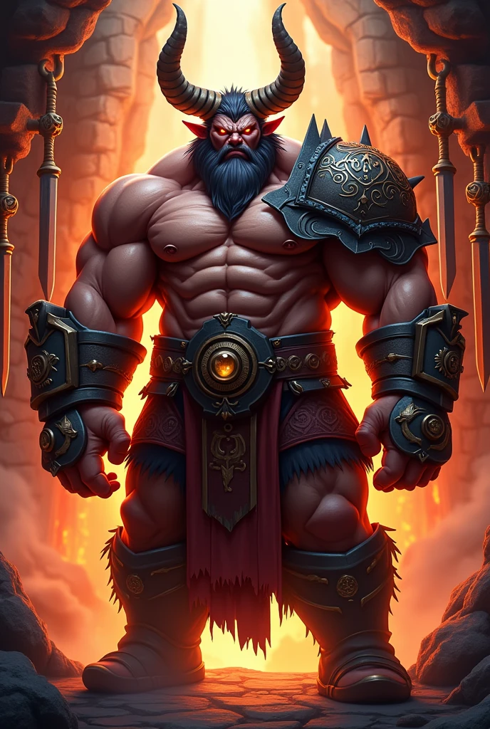 I want you to make Ornn from League of Legends, with muscles, a little fat, but with muscles facing the screen.