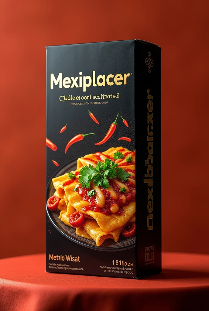 Design an image for a box of chili-flavored condoms. The brand name is Mexiplacer. The box is long and black with an image of chilaquiles.