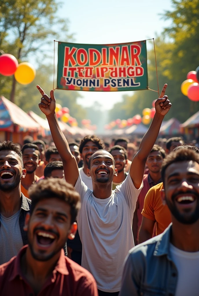 KODINAR ITTIHAD PANEL Written on banner with happy asian male crowd on balleting day