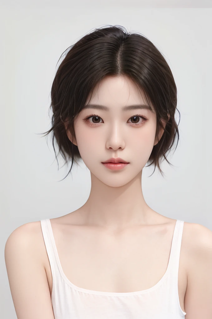 ID Photo of a female with short hair that has a super curl texture and is ombre in color. The hair is styled in a see-through bang style, which gives it high volume volume. The overall look of the hair is curl. This style includes a undercut cut, adding more definition to the look. The portrait is upper body, realistic, with the subject looking directly at the viewer. They are wearing a white t-shirt, and the background is a pure white.