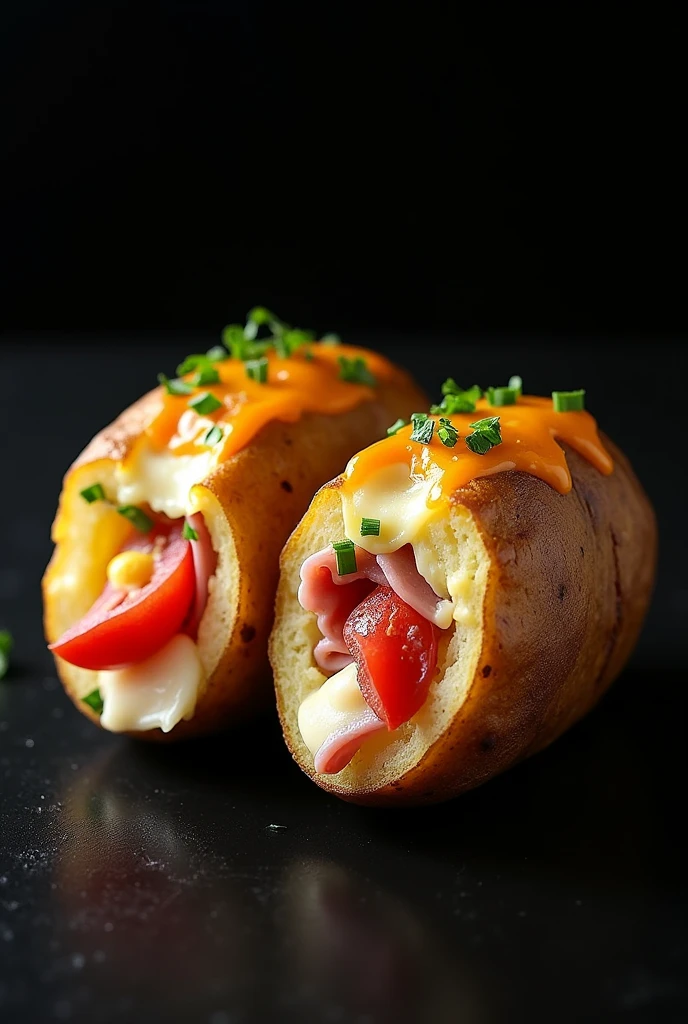 Create a hard realistic image of a stuffed potato on a black background. The potato should be cut in half and stuffed with melted mozzarella cheese, ham, and for pairing cream cheese and cheddar, chopped tomatoes and oregano. The image should highlight the complete and appetizing meal, with a focus on the juiciness of the potato and. Use soft lighting to highlight the textures and shine of the ingredients without causing unwanted reflections.
Focus: Make sure the potato and the main ingredients are in focus and with sharp details.
Presentation: Make sure the potato looks fresh and juicy, with a presentation that catches the eye and arouses the desire to eat.