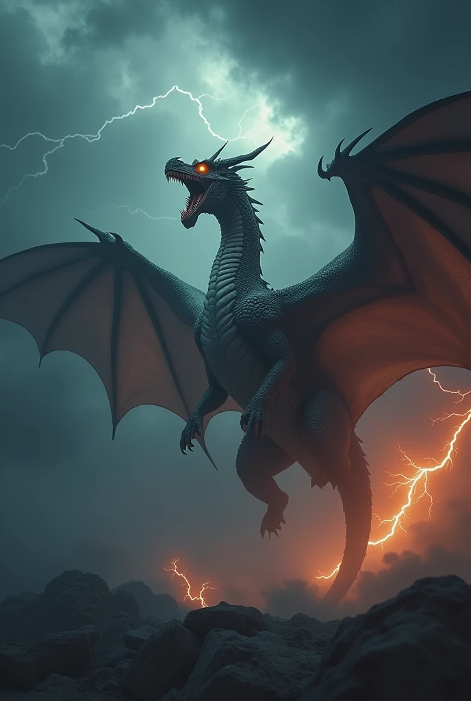 dragon behind the clouds, dark sky, orange lightning, storms