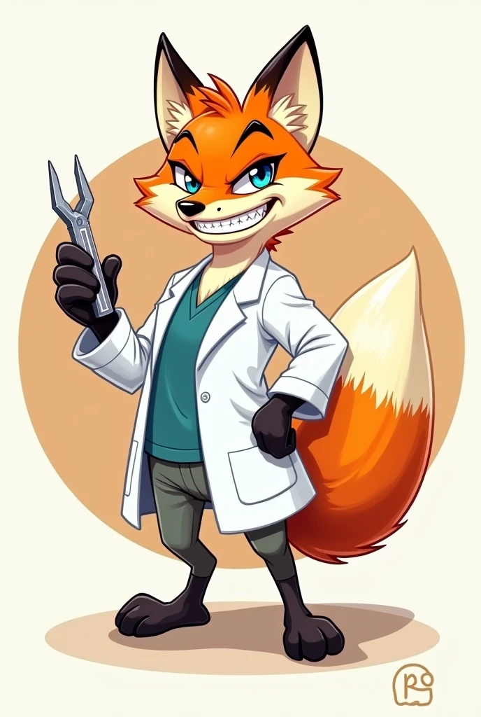 Create an image of a humanized fox showing its teeth dressed in a lab coat showing half of its body holding a pair of dental pliers in one hand and an anesthetic syringe in the other with no bottom and inside a circle