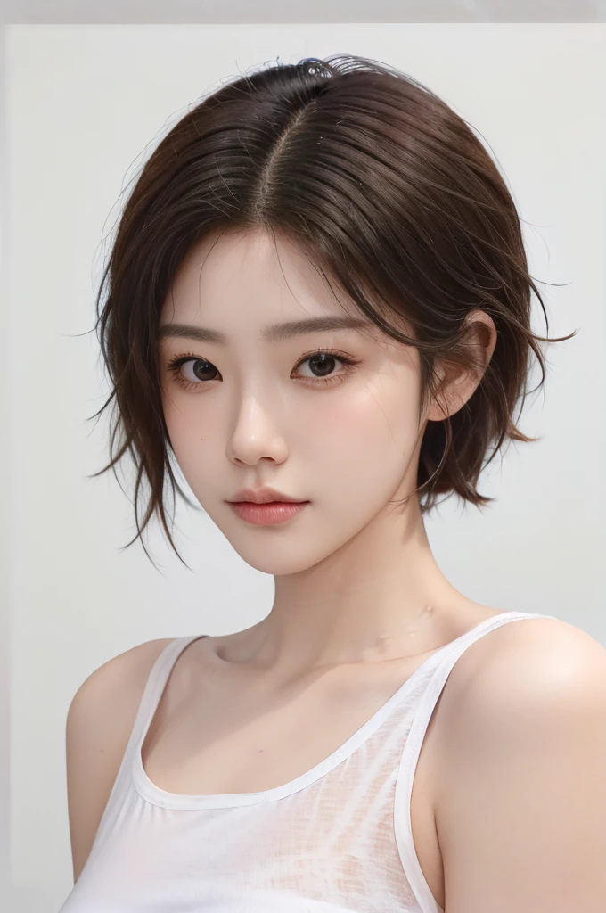 ID Photo of a female with short hair that has a super curl texture and is ombre in color. The hair is styled in a parted style, which gives it high volume volume. The overall look of the hair is wave. This style includes a undercut cut, adding more definition to the look. The portrait is upper body, realistic, with the subject looking directly at the viewer. They are wearing a white t-shirt, and the background is a pure white
