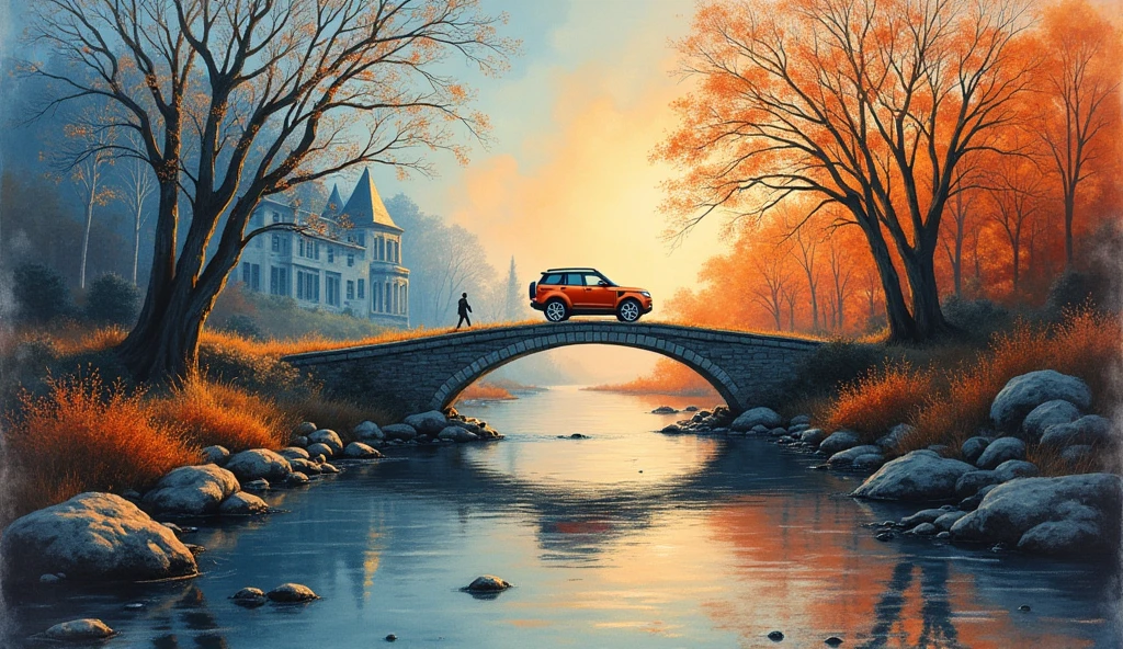 Watercolor style art , oil painting + artstation front view of a young slim athletic body realism, Italian boy he is crossing a bridge leaving behind at one end of the bridge the darkness, ghosts, Dry trees_flowers, on the other side of the bridge there is light, vibrant colored flowers, Orange trees, a blue mansion, Radiant sky, an orange Land Rover, dramatic scene, evokes leaving depression behind and crossing over into life, the bridge is the transition