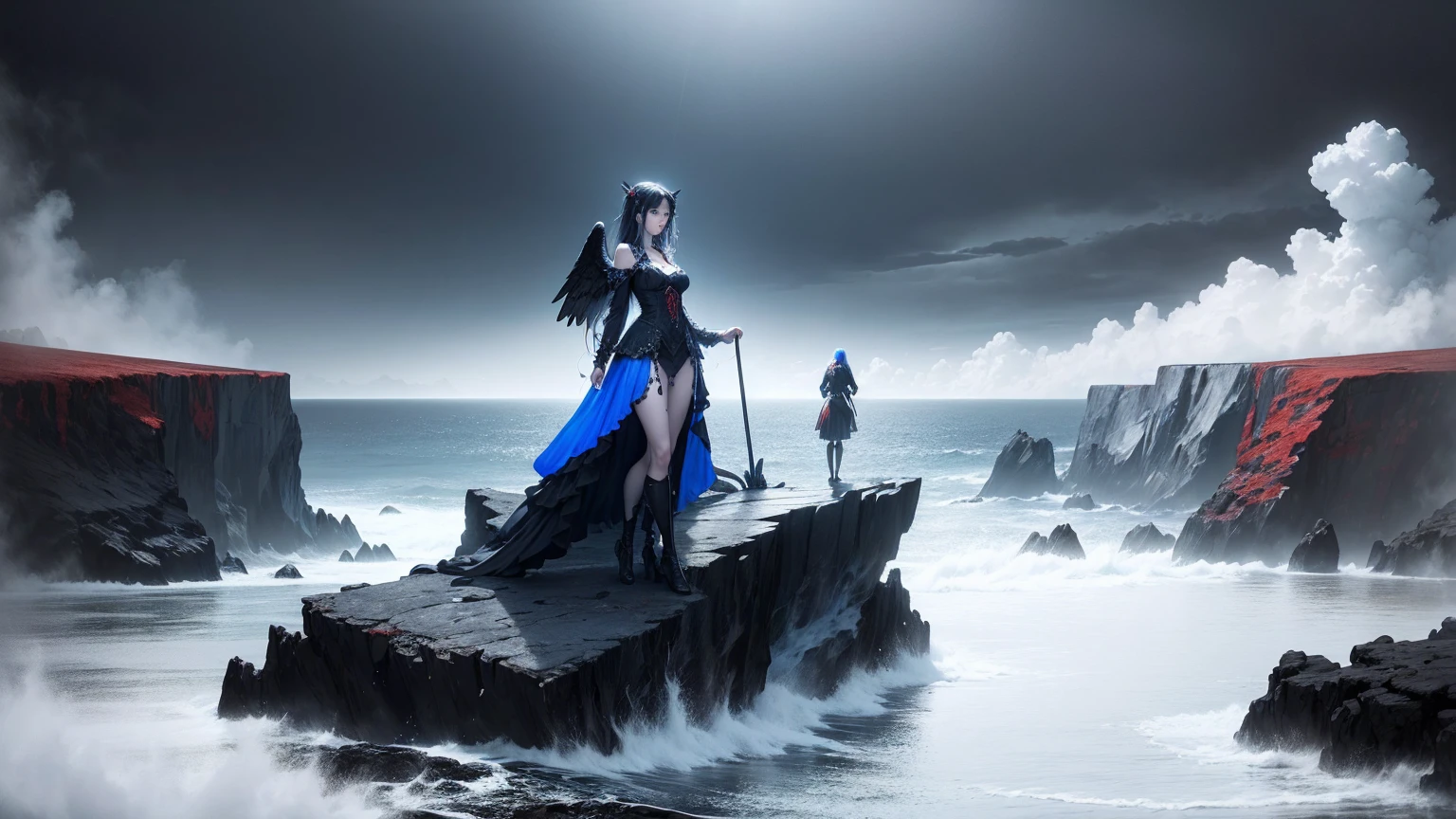 black and white and blue and red,(best qualityer, ultra detali, high resolution, extremely detailed CG),Long shot,Dead angels stand on the edge of the cliff,she is very beautiful,she like blood and sea,bloody rain, mystic,Fanatic, intrikate, surreal,dainty