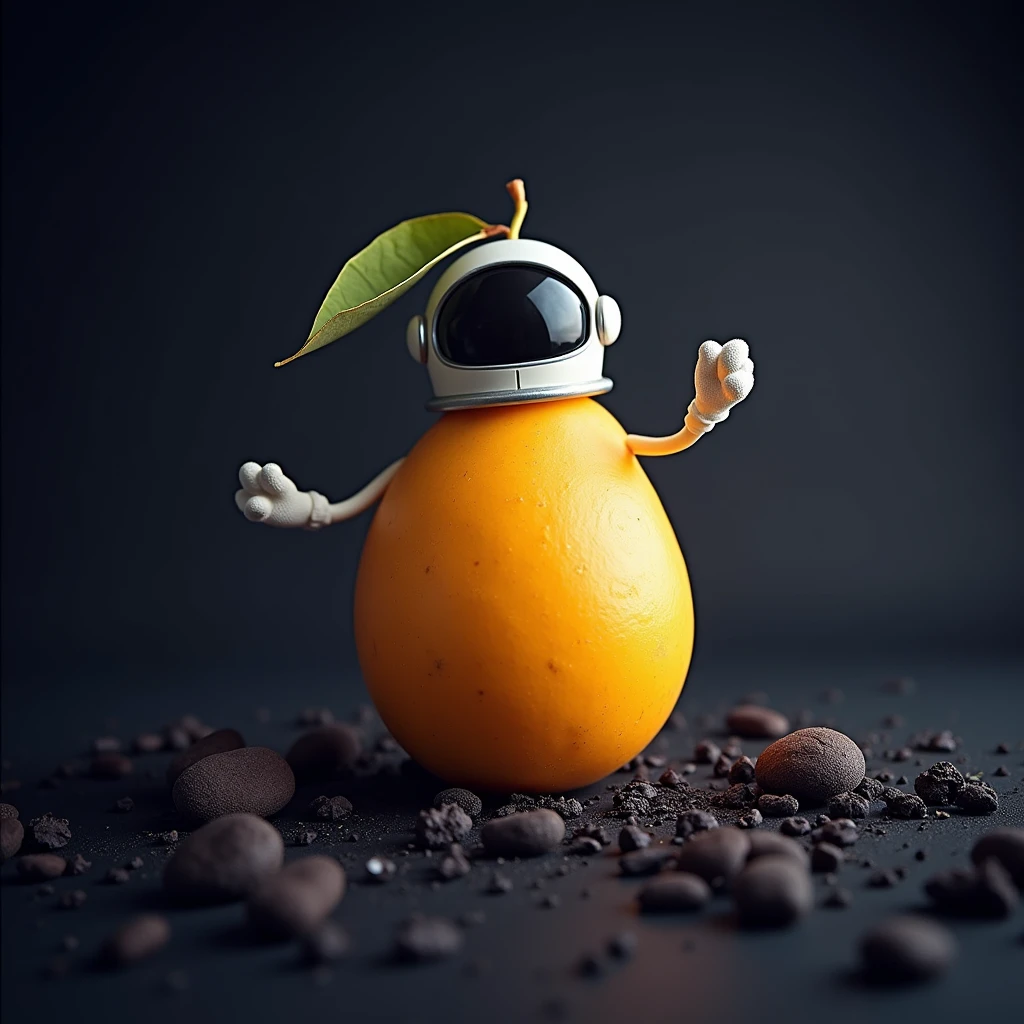 Mango fruit with astronaut helmet in space